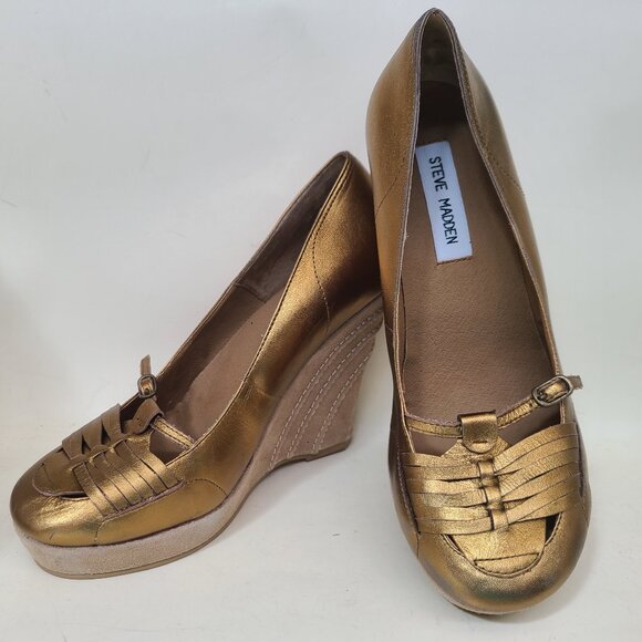 Vtg Steve Madden Gold Bronze Round Toe Platform Wedge Heel 7.5 - Picture 1 of 16